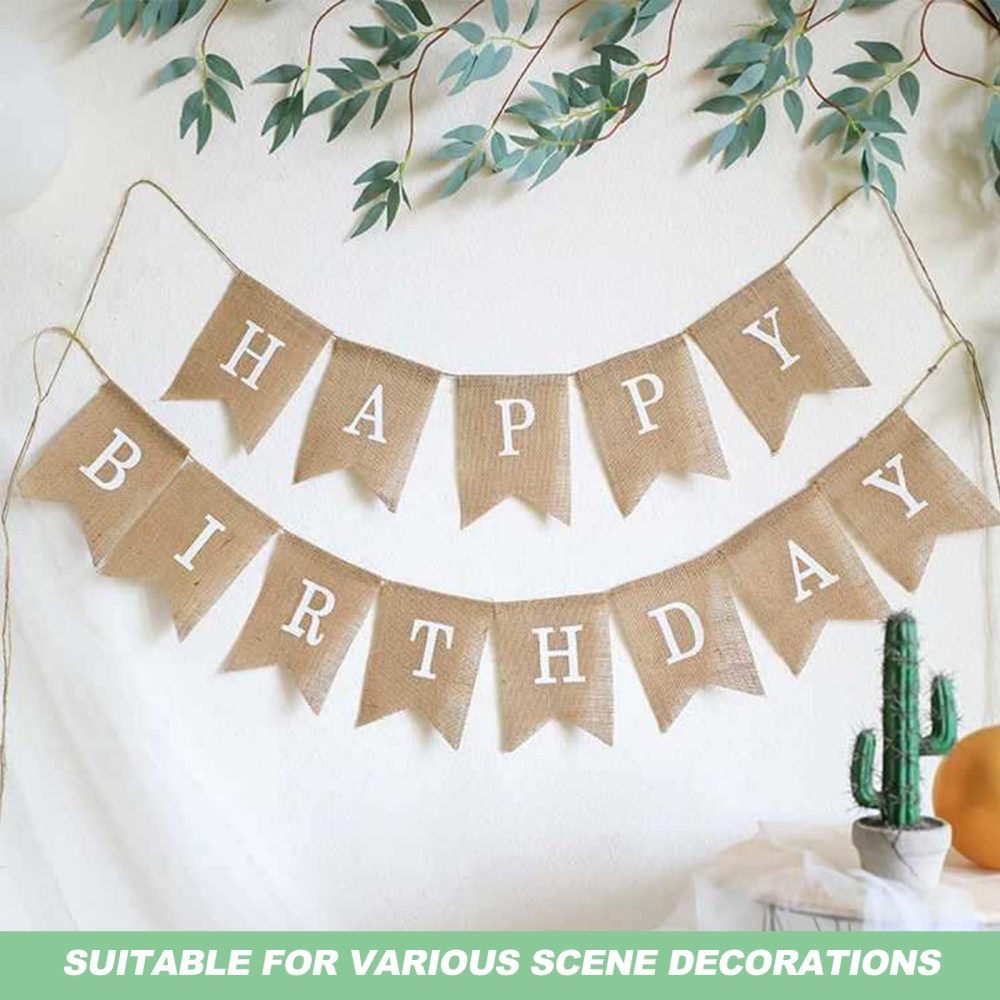 Happy Birthday Bunting Banner, 6.6 Ft Hessian Happy Birthday Banners Cloth Vintage Burlap Bunting Swallowtail Flag for Happy Birthday Decorations - Image 3