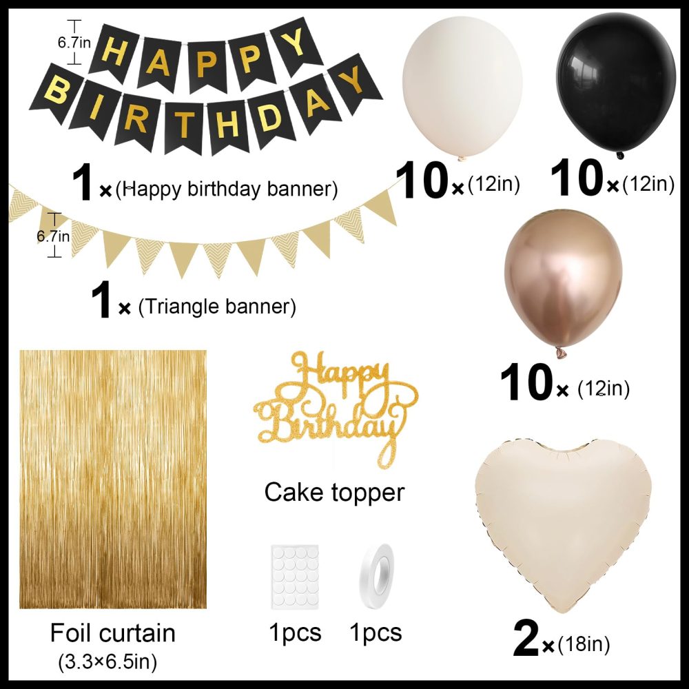 Black Gold Birthday Decorations,Party Decorations with Sand White Champagne Gold Balloon Heart Balloons Happy Birthday Banner Fringe Curtain for Women Men Boho Baby Shower Birthday Party Decor - Image 6