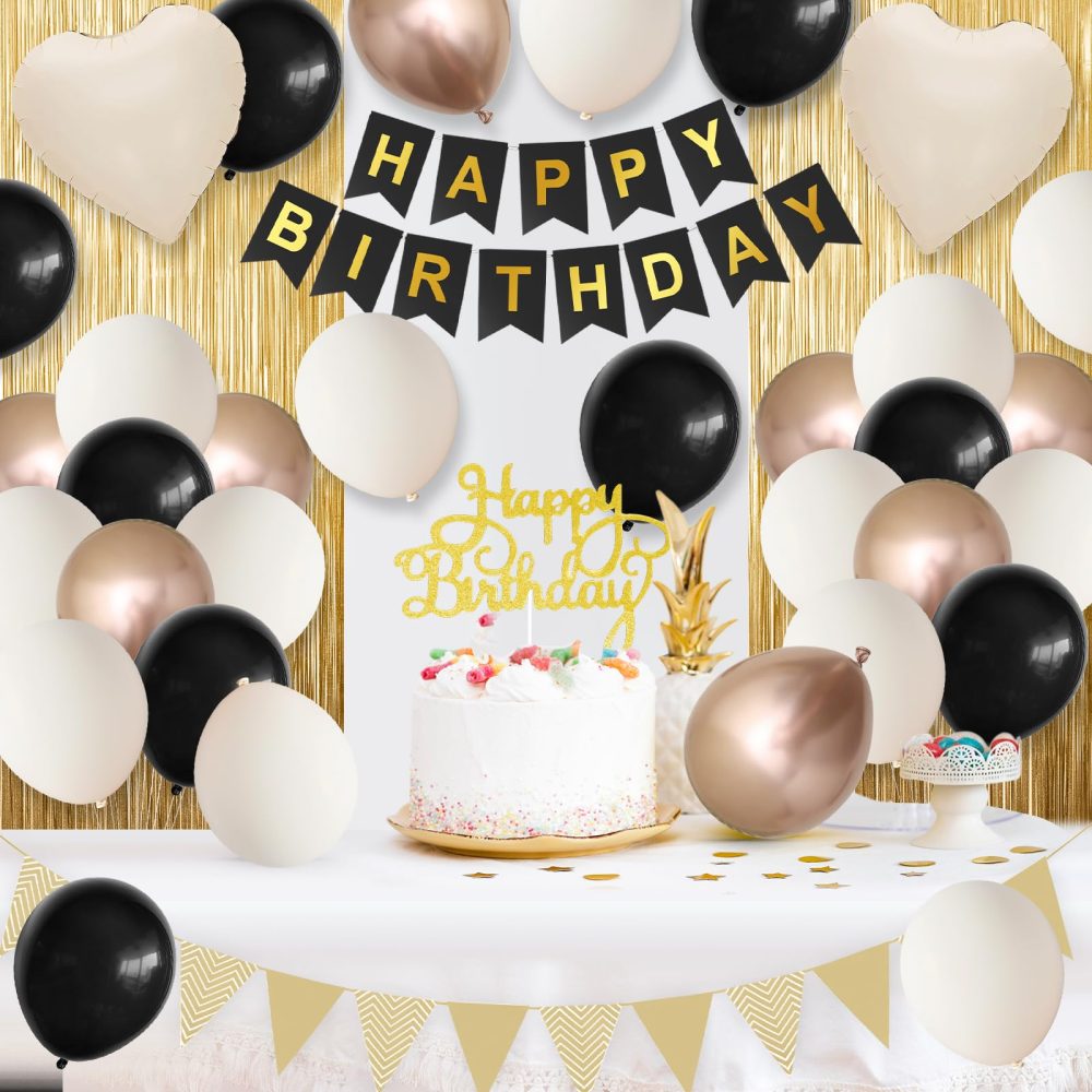 Black Gold Birthday Decorations,Party Decorations with Sand White Champagne Gold Balloon Heart Balloons Happy Birthday Banner Fringe Curtain for Women Men Boho Baby Shower Birthday Party Decor - Image 5