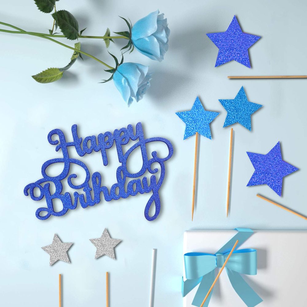 VAINECHAY Birthday Cake Decorations Happy Birthday Cake Toppers for Boy Men Girl Women Kids Blue Star Cupcake Decoration Baby Shower Party Silver - Image 3