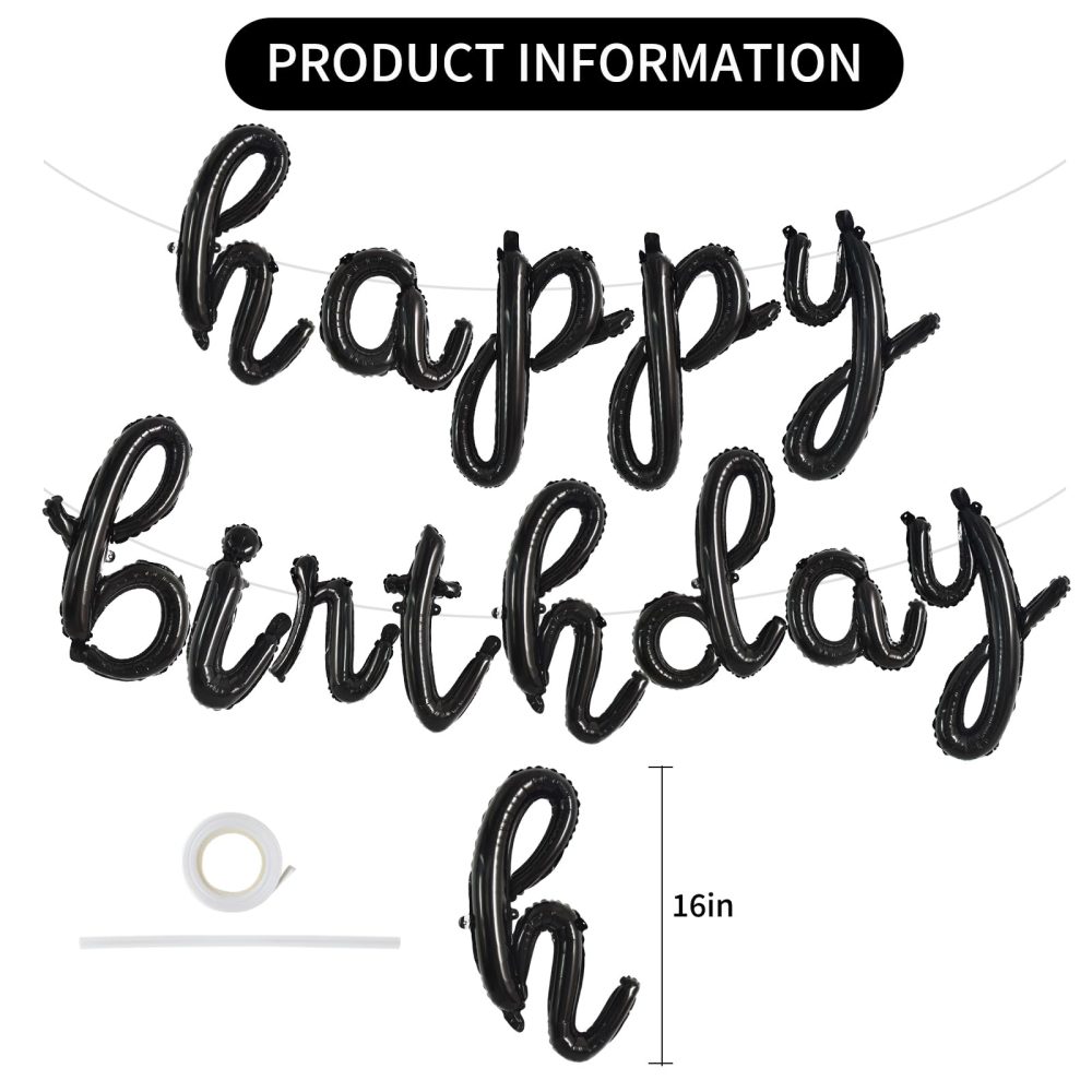 TONIFUL Black Happy Birthday Balloons Banner,Cursive Happy Birthday Balloons Black Birthday Decorations Black Mylar Foil Birthday Balloons for Kids and Adults - Image 6