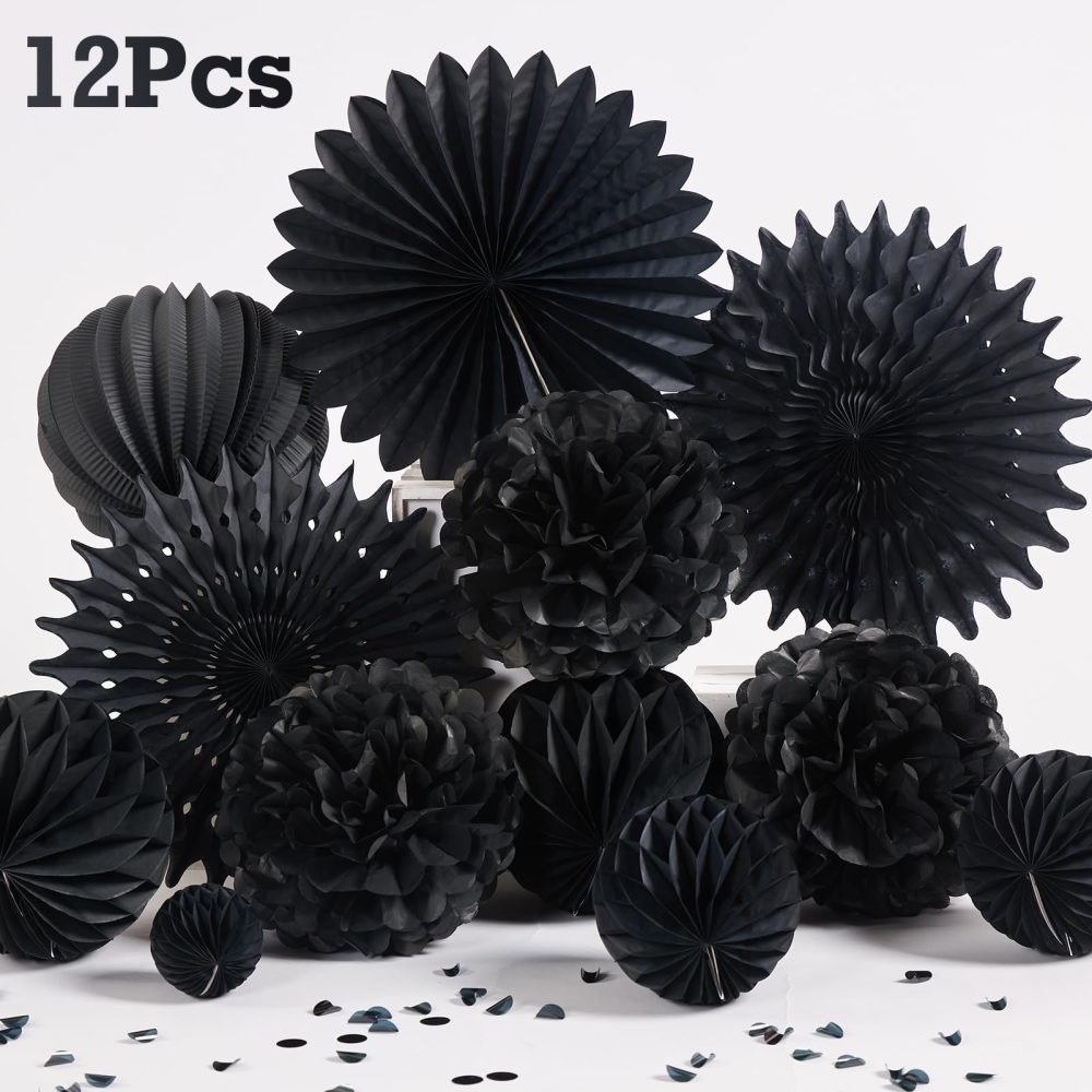 EASY JOY Wedding Decorations Black Tissue Paper Pom Poms Paper Fans Paper Lanterns Paper Honeycomb Balls Black for Birthday Graduation Party Hanging Decorations pom pom Decorations Black - Image 4