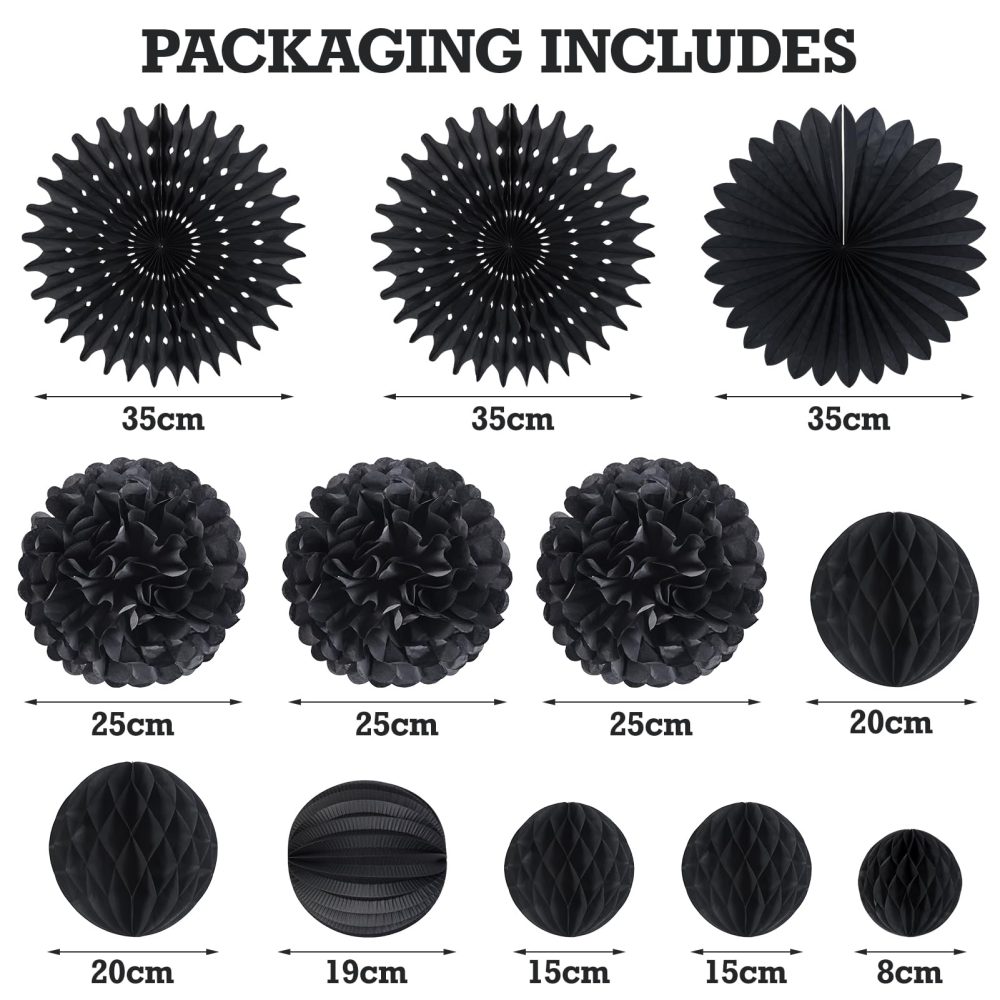 EASY JOY Wedding Decorations Black Tissue Paper Pom Poms Paper Fans Paper Lanterns Paper Honeycomb Balls Black for Birthday Graduation Party Hanging Decorations pom pom Decorations Black - Image 7