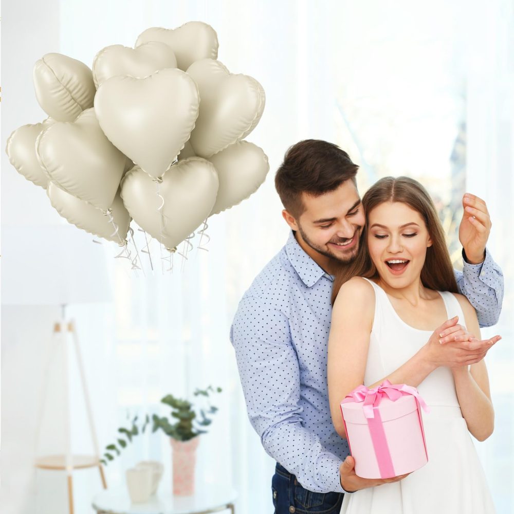 Biapian Cream Heart Balloons, 5 Pcs Cream White Heart Shape Balloons, 18inch Beige Valentine Foil Balloons for Helium Nude Neutral Love Balloon for Valentines Day, Wedding, Brithday Party Decorations - Image 4