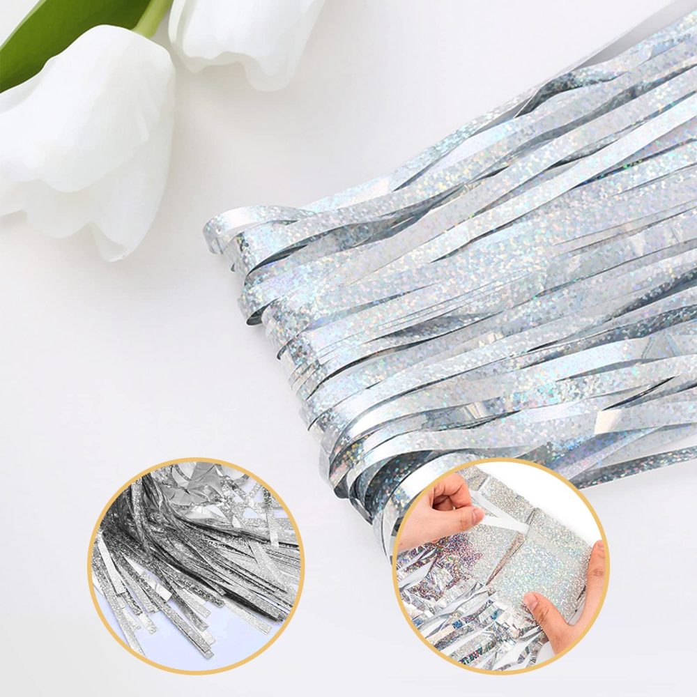 5 Pack Silver Foil Fringe Curtain Backdrop, 3.2ft x 8.2ft Metallic Tinsel Foil Fringe Curtains, Tinsel Backdrop Streamers for Birthday Party Decoration Halloween Christmas Holiday (Sparkle Silver) - Image 5