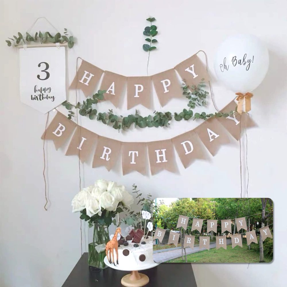 Happy Birthday Bunting Banner, 6.6 Ft Hessian Happy Birthday Banners Cloth Vintage Burlap Bunting Swallowtail Flag for Happy Birthday Decorations - Image 2