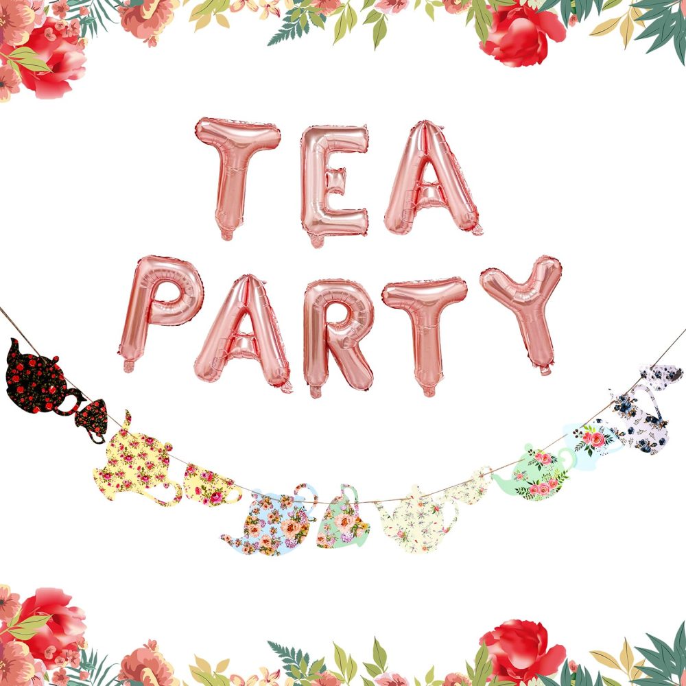 Zercart Tea Party Birthday Banner, Tea Party Decoration Tea Party Balloons, Floral Tea Party, Tea Party Bridal Shower Decorations for Birthday Baby Shower Girls Boys Tea Party Birthday