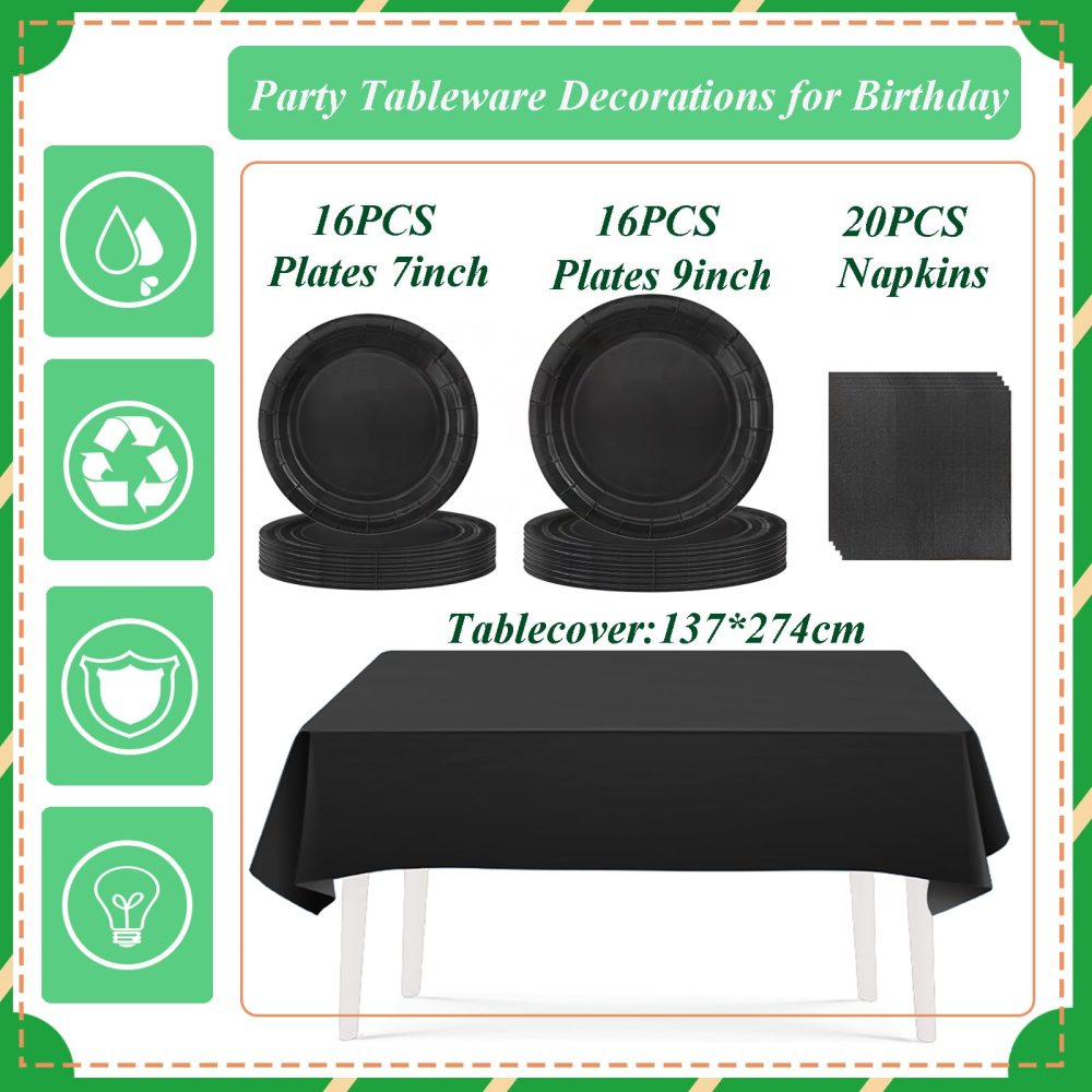 53PCS Midnight Black Party Tableware Decorations for Kids Birthday,Disposable Party Tableware Set Tablecloth Table Covers,7inch&9inch Paper Plates,Paper Napkins for Xmas Birthday Wedding Party Favor - Image 5