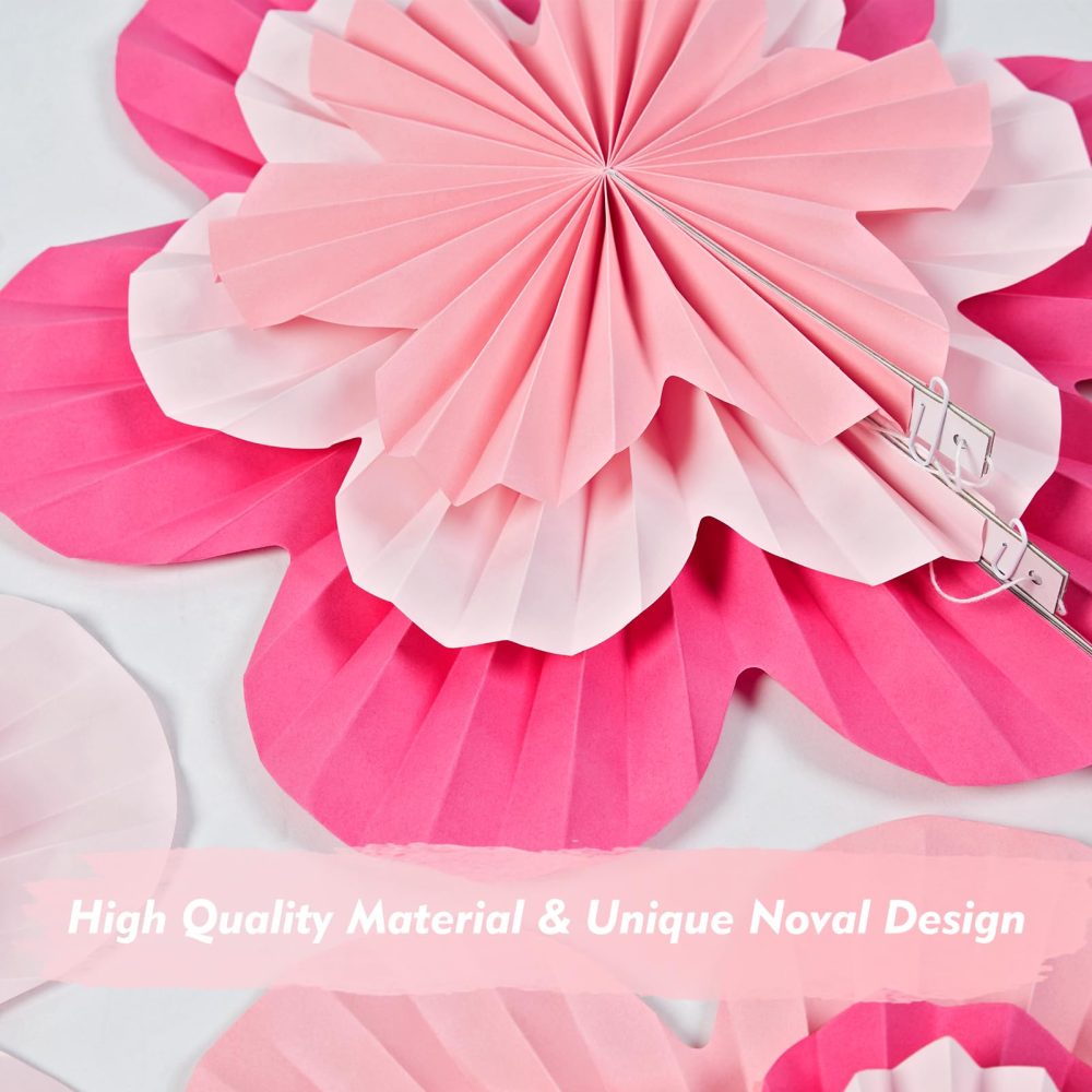 SUNBEAUTY 9 Pcs Paper Decorations Paper Flowers Fans Decorations Hanging Flowers Backdrop Pink Party Decor Hanging for Birthdays Weddings Baby Shower Spring Tea Party Table Decoration - Image 6