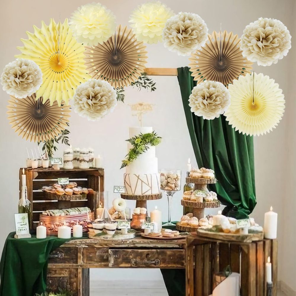 Easy Joy Brown Birthday Party Decorations Rustic Paper Natural Birthday Decorations Hanging Tissue Paper Pom Poms Paper Fans Boho Birthday Decorations for Women - Image 6