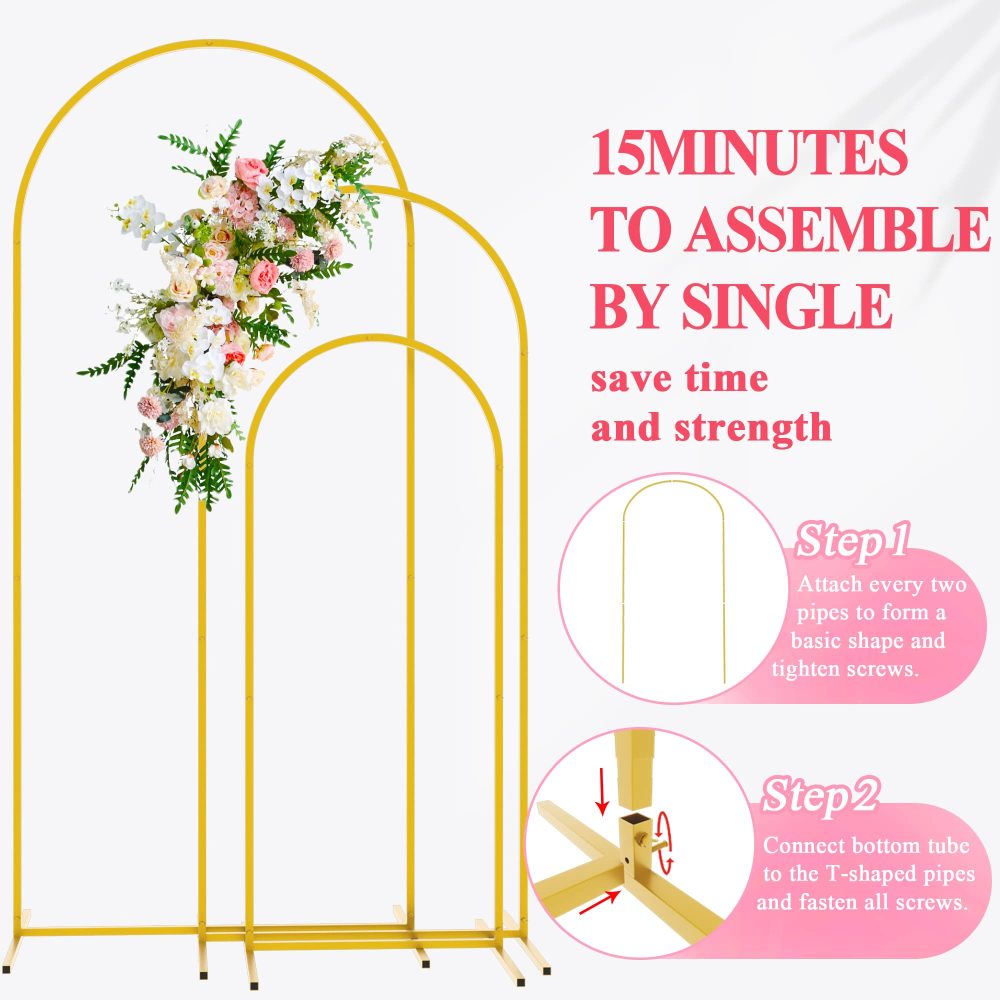 Wokceer Wedding Arch Backdrop Stand 6FT, 5FT, 4FT Set of 3 Gold Metal Arch Backdrop Stand for Wedding Ceremony Baby Shower Birthday Party Garden Floral Balloon Arch Decoration - Image 4