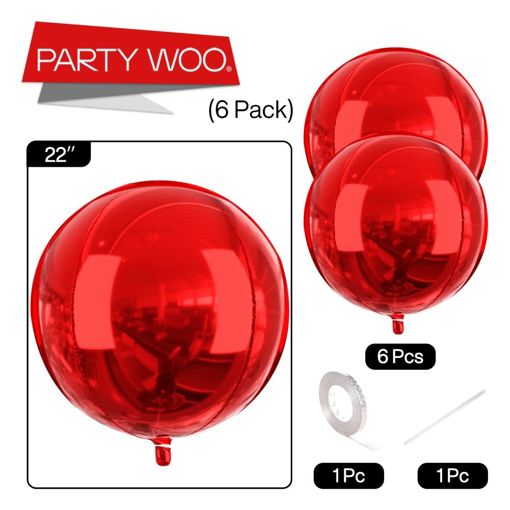 PartyWoo Red Balloons, 6 pcs Red Birthday Decorations, 22 inch Giant 4D Foil Balloons and Ribbon, Large Mylar Balloons, Metallic Red Balloons for Bachelorette Party, Bridal Shower - Image 2