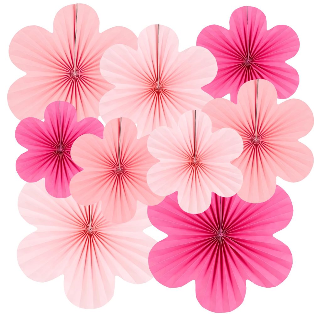 SUNBEAUTY 9 Pcs Paper Decorations Paper Flowers Fans Decorations Hanging Flowers Backdrop Pink Party Decor Hanging for Birthdays Weddings Baby Shower Spring Tea Party Table Decoration