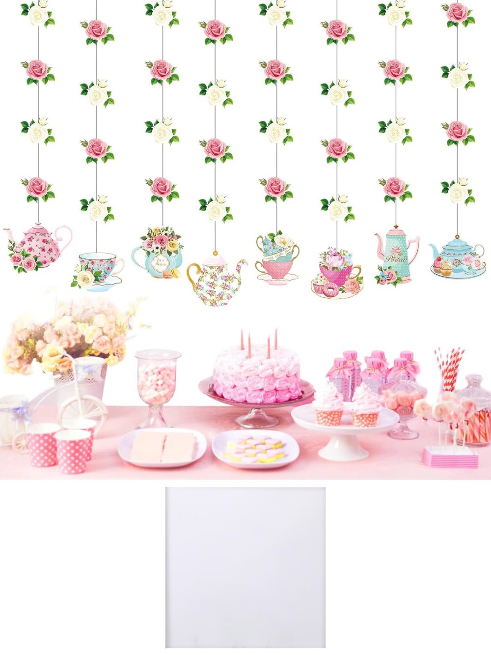 Tea Party Decorations Floral Tea Party Double Sided Hanging Garland Decorations Favors for Baby Shower Gender Reveal Birthday Bridal Wedding Girls Tea Party Birthday Decorations 32" 8 Pack - Image 2