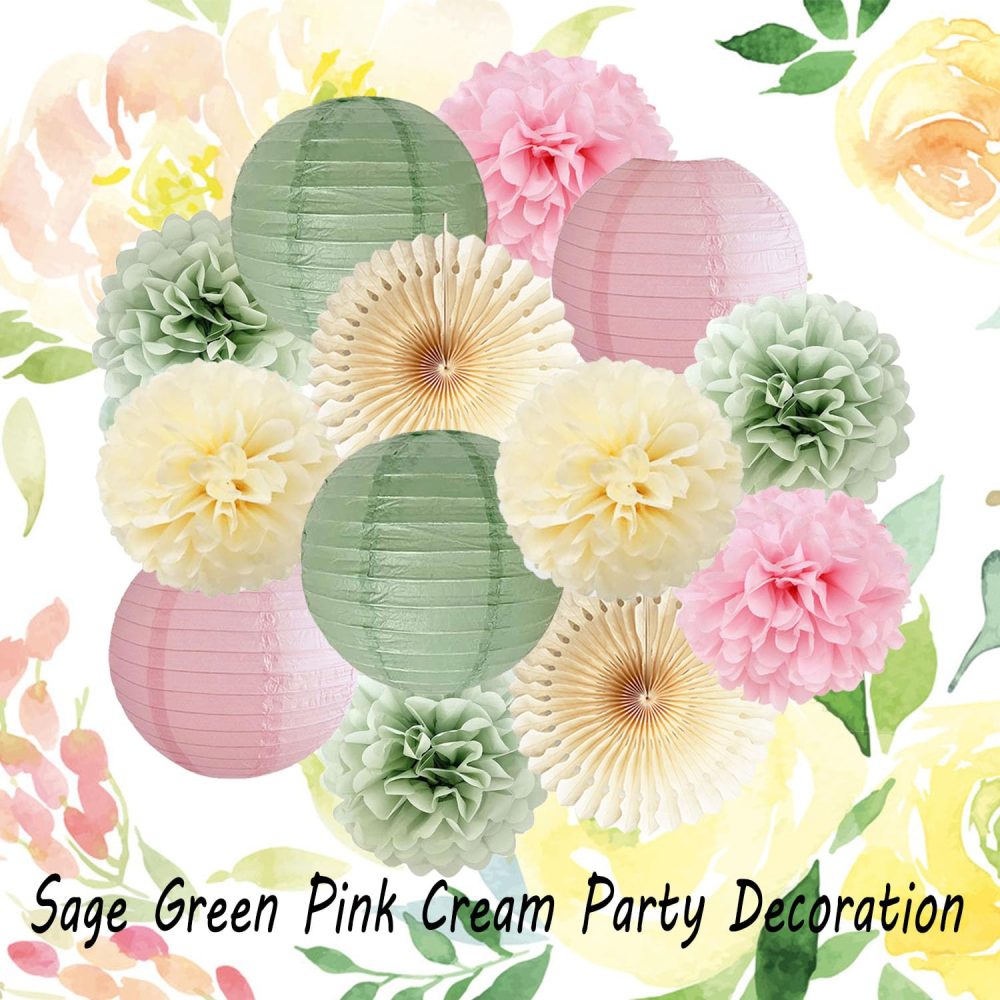 Sage Green and Pink Party Decoration Sage Pink Cream Tissue Paper Pom Poms Hanging Paper Lanterns Sage Green Party Decorations for Wedding Engagement Baby Shower Bridal Shower Girl Birthday - Image 4