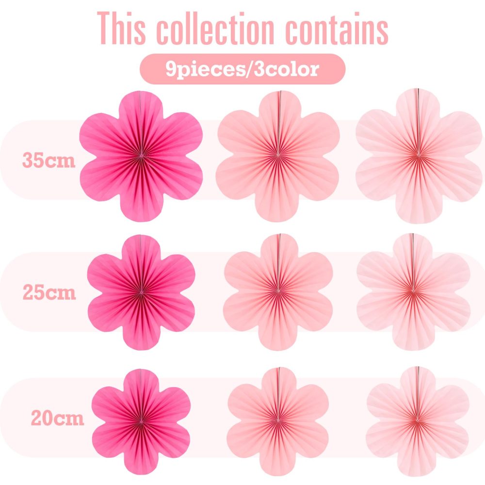 SUNBEAUTY 9 Pcs Paper Decorations Paper Flowers Fans Decorations Hanging Flowers Backdrop Pink Party Decor Hanging for Birthdays Weddings Baby Shower Spring Tea Party Table Decoration - Image 7