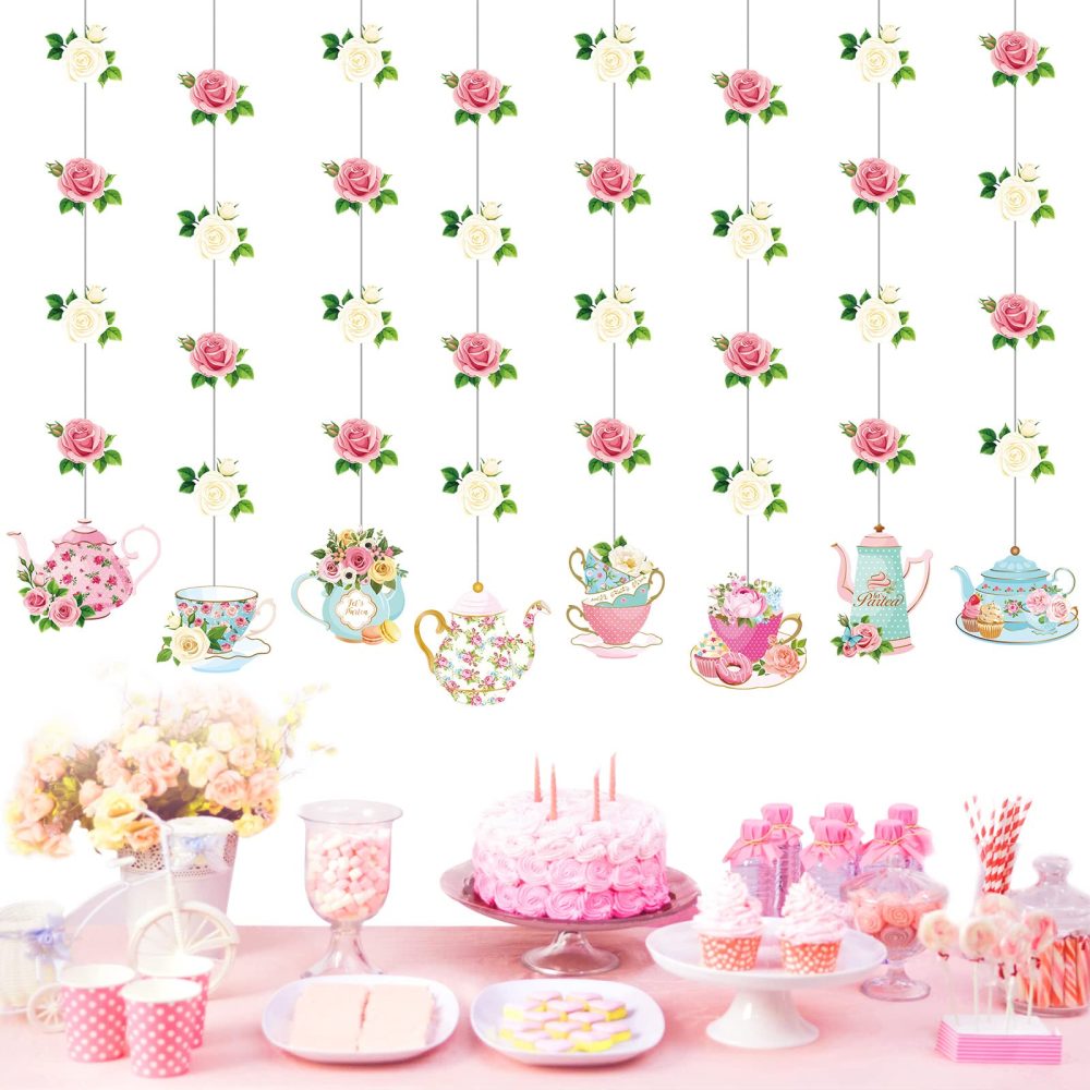 Tea Party Decorations Floral Tea Party Double Sided Hanging Garland Decorations Favors for Baby Shower Gender Reveal Birthday Bridal Wedding Girls Tea Party Birthday Decorations 32" 8 Pack