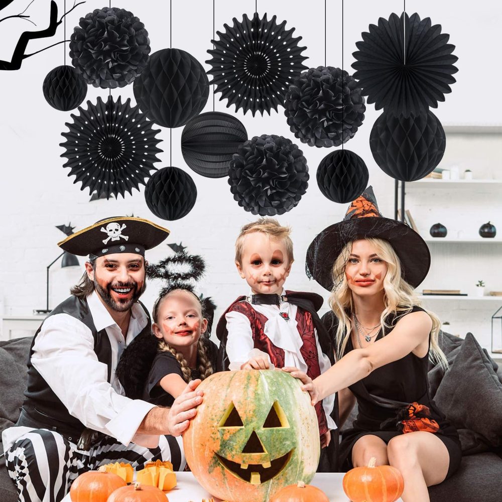 EASY JOY Wedding Decorations Black Tissue Paper Pom Poms Paper Fans Paper Lanterns Paper Honeycomb Balls Black for Birthday Graduation Party Hanging Decorations pom pom Decorations Black - Image 5