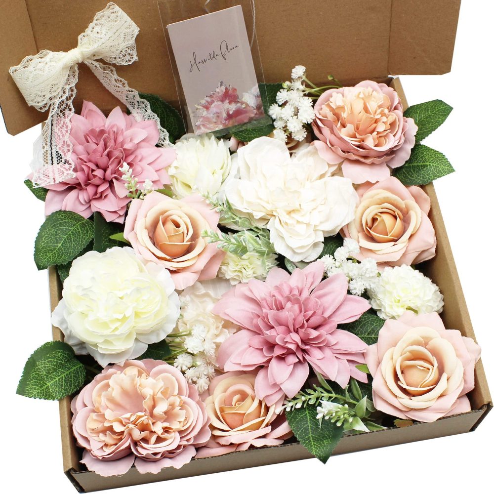 HASWITDA Artificial Silk Flower Bouquet Box Faux Flower Head Fake Table Decoration Arrangement for Wedding Birthday Baby Shower Party Pink & White