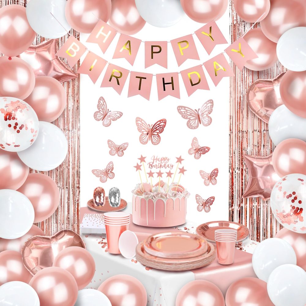 Party Spot! 136 Pcs Birthday Decorations For Women, Rose Gold Party Decorations, Happy Birthday Decorations - Balloon Stand Kit, Tableware Kit,Pump, Banner, Tassel Curtain,Balloon, For 12 Guests