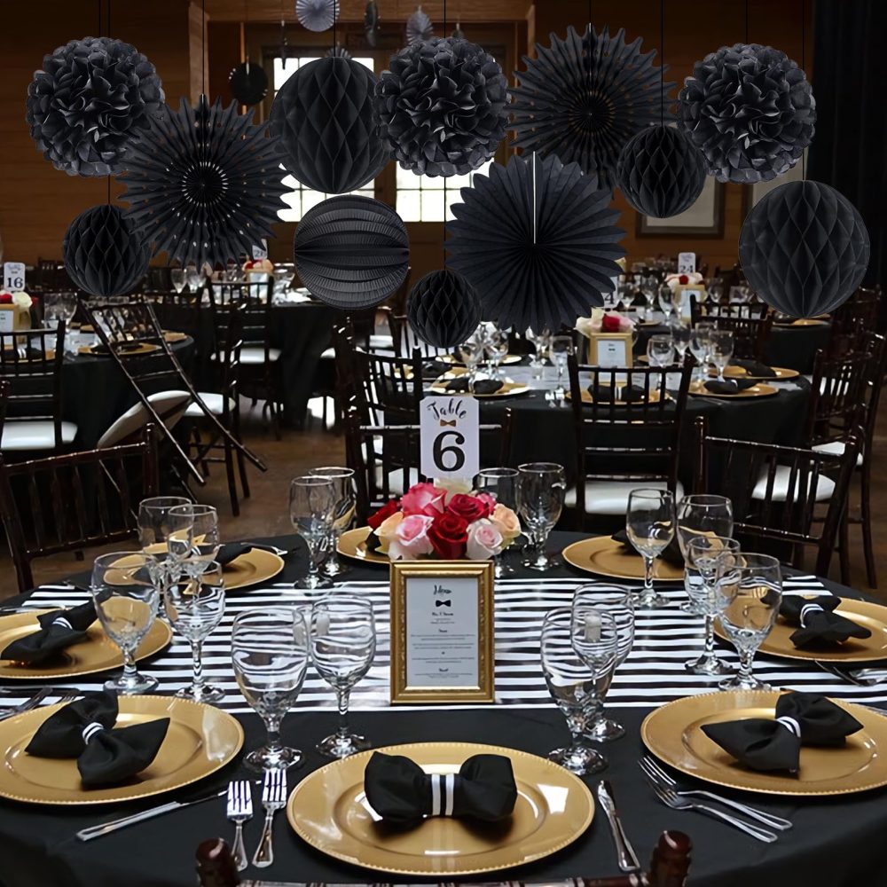 EASY JOY Wedding Decorations Black Tissue Paper Pom Poms Paper Fans Paper Lanterns Paper Honeycomb Balls Black for Birthday Graduation Party Hanging Decorations pom pom Decorations Black - Image 3