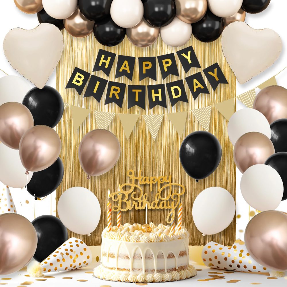 Black Gold Birthday Decorations,Party Decorations with Sand White Champagne Gold Balloon Heart Balloons Happy Birthday Banner Fringe Curtain for Women Men Boho Baby Shower Birthday Party Decor - Image 4