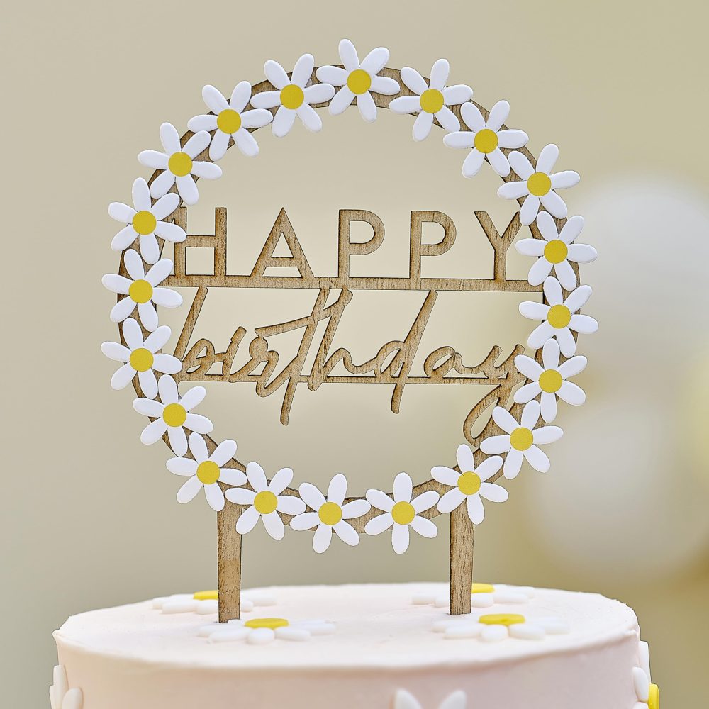 Ginger Ray Happy Birthday' Cake Topper with Paper Daisies Trim and Wooden Picks 17.8cm, Pastel