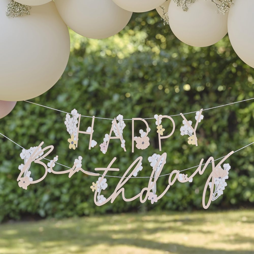 Ginger Ray Floral 'Happy Birthday' Letter Banner Garland Bunting Hanging Decoration 1.5m, Pastel