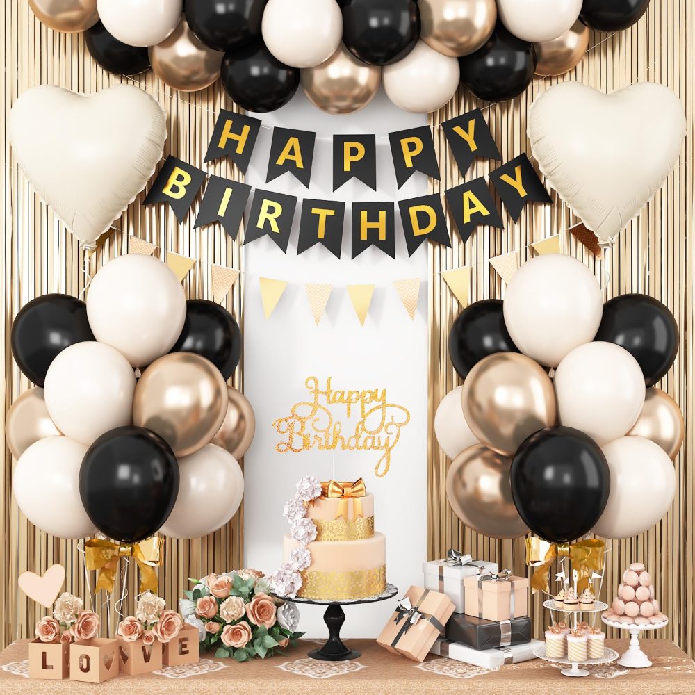 Black Gold Birthday Decorations,Party Decorations with Sand White Champagne Gold Balloon Heart Balloons Happy Birthday Banner Fringe Curtain for Women Men Boho Baby Shower Birthday Party Decor