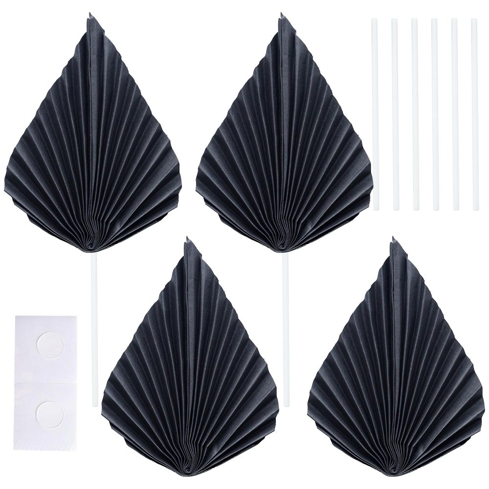 Gyufise 6Pcs Paper Palm Fan Cake Toppers Palm Spear Leaves Fan Cupcake Toppers Cake Insert Decorations Craft DIY Cake Bakeware Decoration for Birthday Party Wedding Party Decor Supplies Black - Image 6