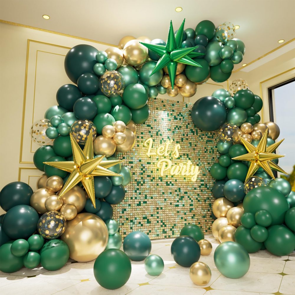 Green and Gold Balloon Garland Arch Kit with Explosion Star Foil Balloons,Gold Dark Metallic Green Confetti Latex Balloons for Graduation Birthday Anniversary Safari Party Decoration Supplies