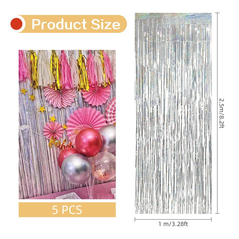 5 Pack Silver Foil Fringe Curtain Backdrop, 3.2ft x 8.2ft Metallic Tinsel Foil Fringe Curtains, Tinsel Backdrop Streamers for Birthday Party Decoration Halloween Christmas Holiday (Sparkle Silver) - Image 7