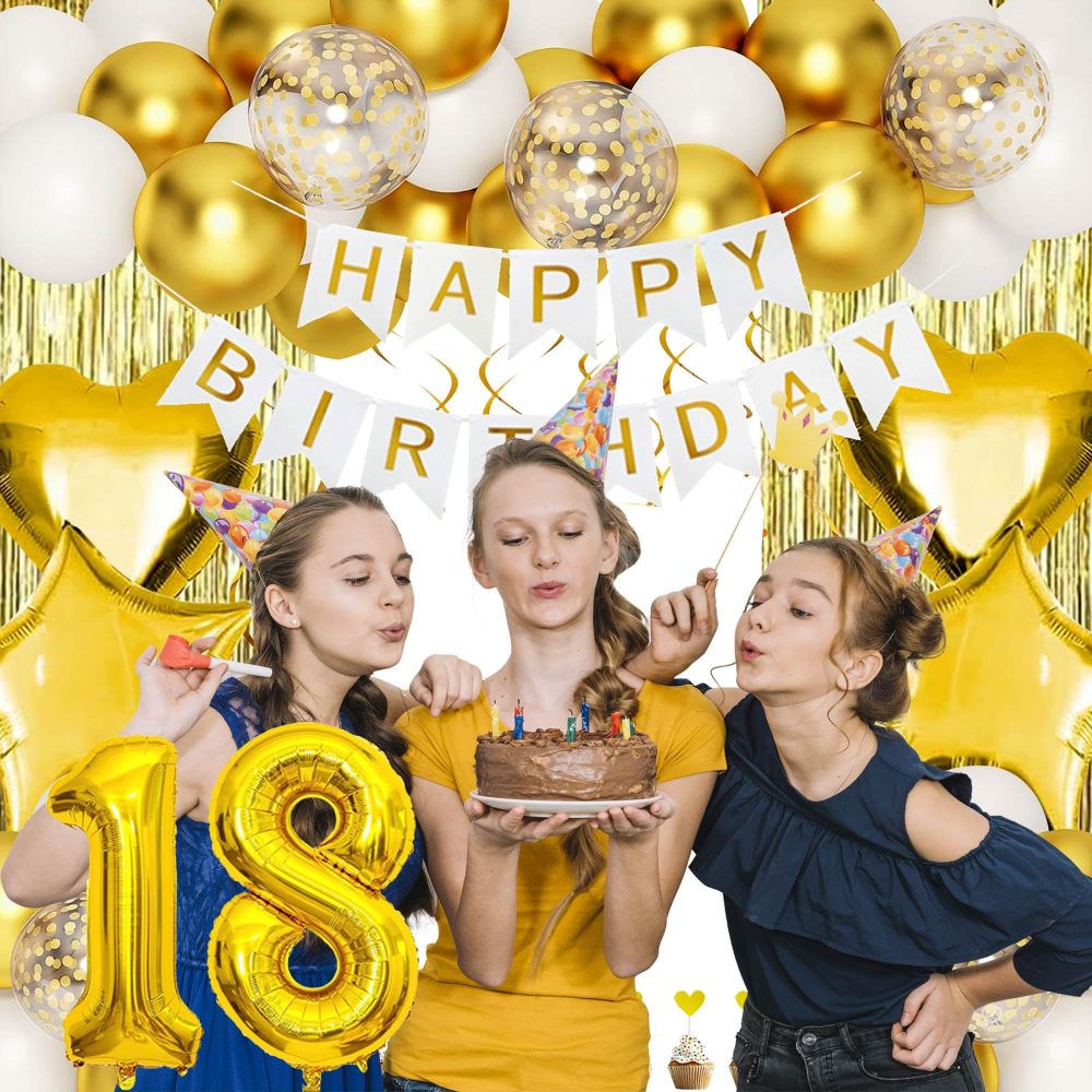 LKFDTW 18th Birthday Decoration for Girl, Gold Happy 18th Birthday Banner, 18th Birthday Balloons, Confetti Latex Balloon Tinsel Curtains Bunting for Women Party Supplies - Image 2