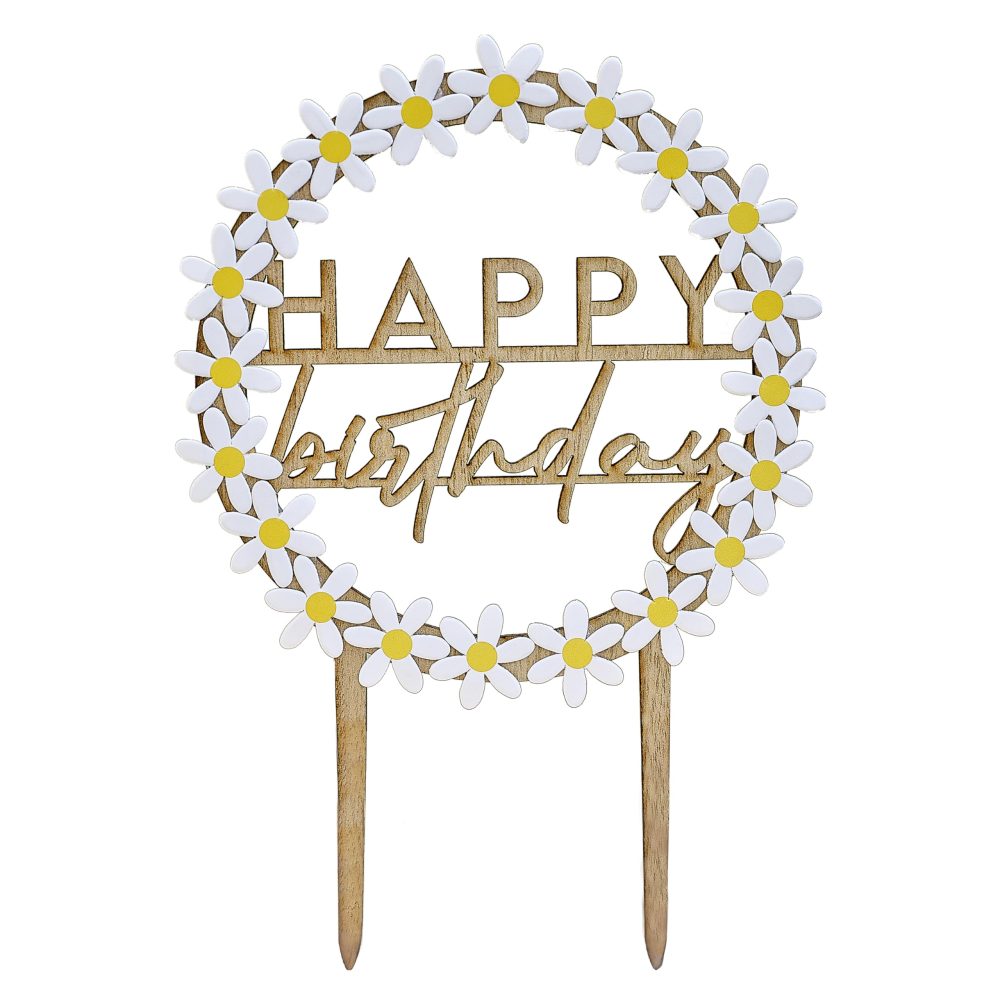 Ginger Ray Happy Birthday' Cake Topper with Paper Daisies Trim and Wooden Picks 17.8cm, Pastel - Image 4