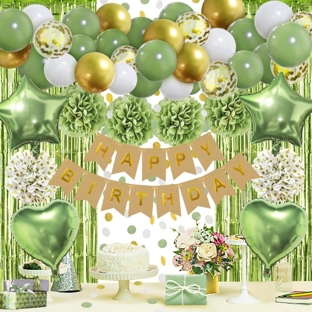 ZERODECO Sage Green Birthday Party Decorations, Olive Green Gold Pompoms Balloons Happy Birthday Banner Neutral Rustic Boho Blush Safari Botanical Greenery Décor for Baby Girls Women Birthday Party