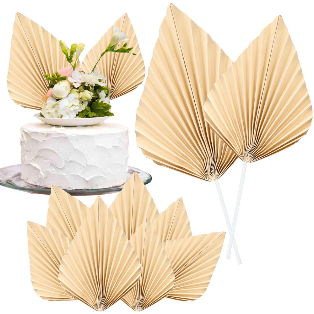 Gyufise 6Pcs Paper Palm Fan Cake Toppers Palm Leaf Fan Cake Topper Palm Spear Leaf Cupcake Toppers Cake Insert Decoration For Cake Decorating Diy Craft Project Home Wedding Party Supplies Beige