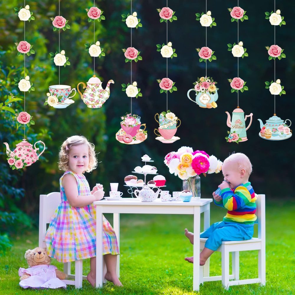 Tea Party Decorations Floral Tea Party Double Sided Hanging Garland Decorations Favors for Baby Shower Gender Reveal Birthday Bridal Wedding Girls Tea Party Birthday Decorations 32" 8 Pack - Image 4