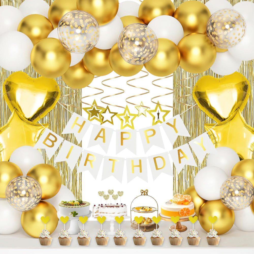 LKFDTW Gold Birthday Decoration, 64pcs Party Balloon Decor Set for Women & Girl, Happy Birthday Banner, Confetti Latex Balloon, Tinsel Curtains Bunting, Party Decorations Supplies Kit - Gold