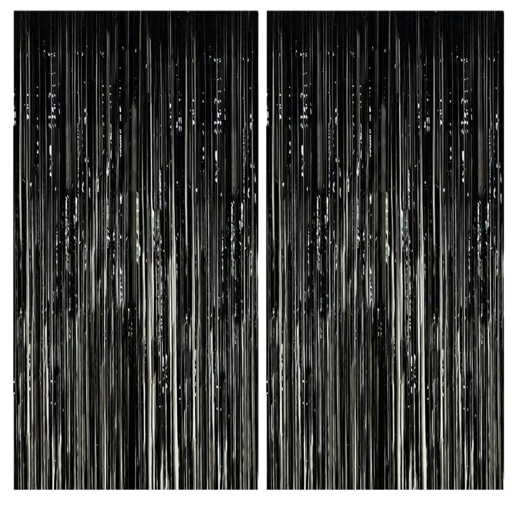 AMZJIMTOP Black Tinsel Foil Fringe Curtain Party Decorations 2Pcs 3.3ft *6.6ft Metallic Tinsel Curtains Streamers Party Backdrop Foil Curtain for Birthday Party Wedding Holiday Decoration