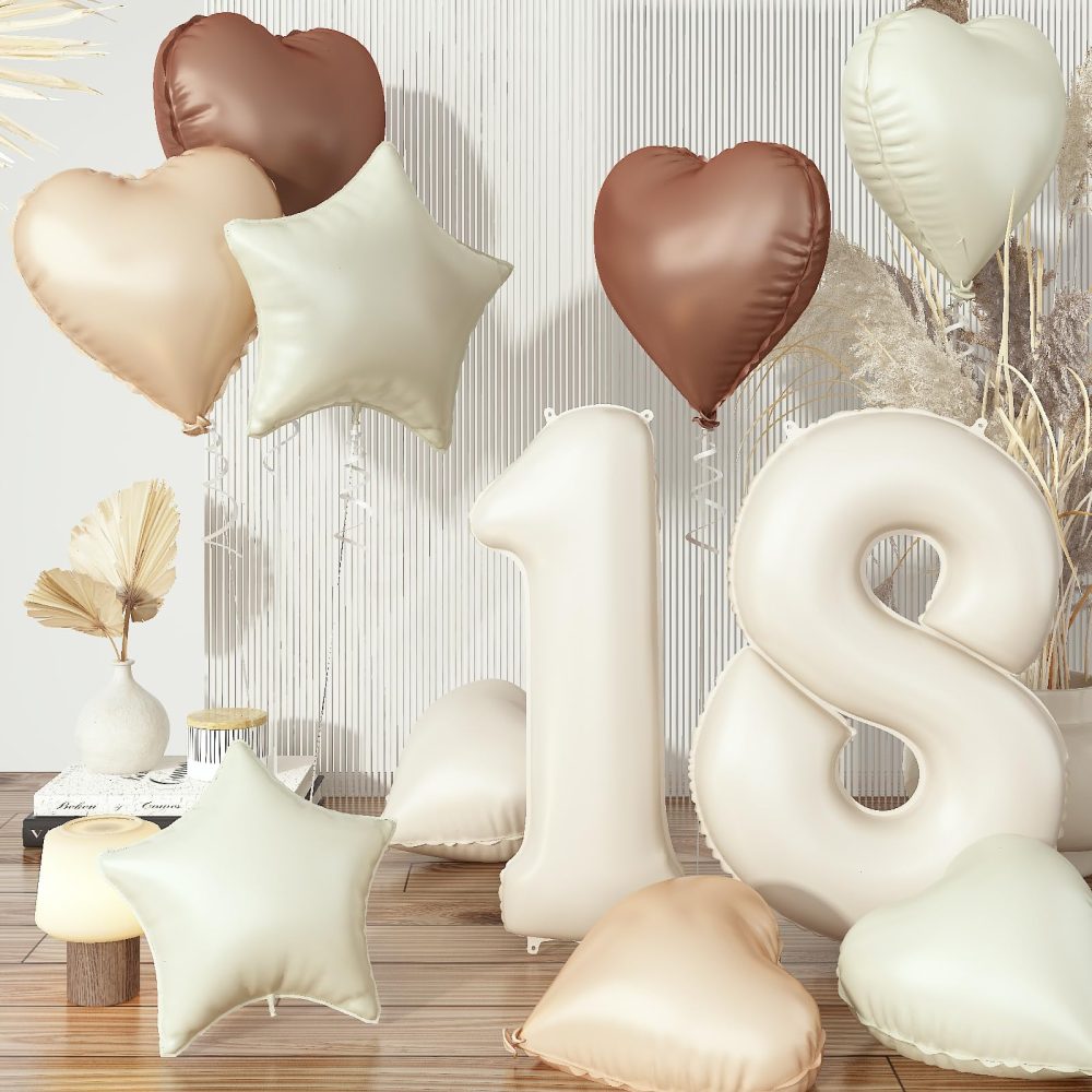 Nude 18 Balloons Decor for Girls, Beige Apricot Brown Tan Heart Balloon, Sand White 18 Balloon Boho Decor, Neutral Cream Foil Star Balloon for Kids 18th Birthday Wedding Anniversary Party Decoration