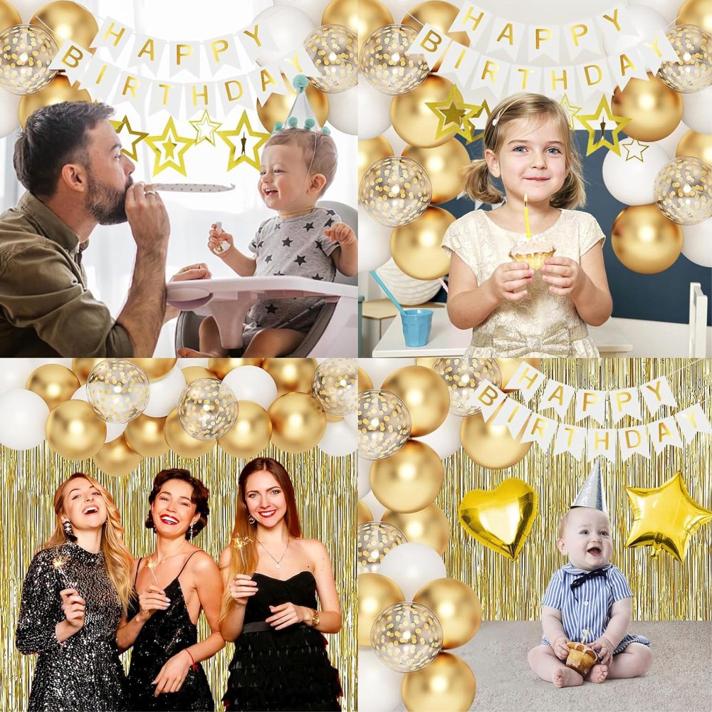 LKFDTW Gold Birthday Decoration, 64pcs Party Balloon Decor Set for Women & Girl, Happy Birthday Banner, Confetti Latex Balloon, Tinsel Curtains Bunting, Party Decorations Supplies Kit - Gold - Image 2