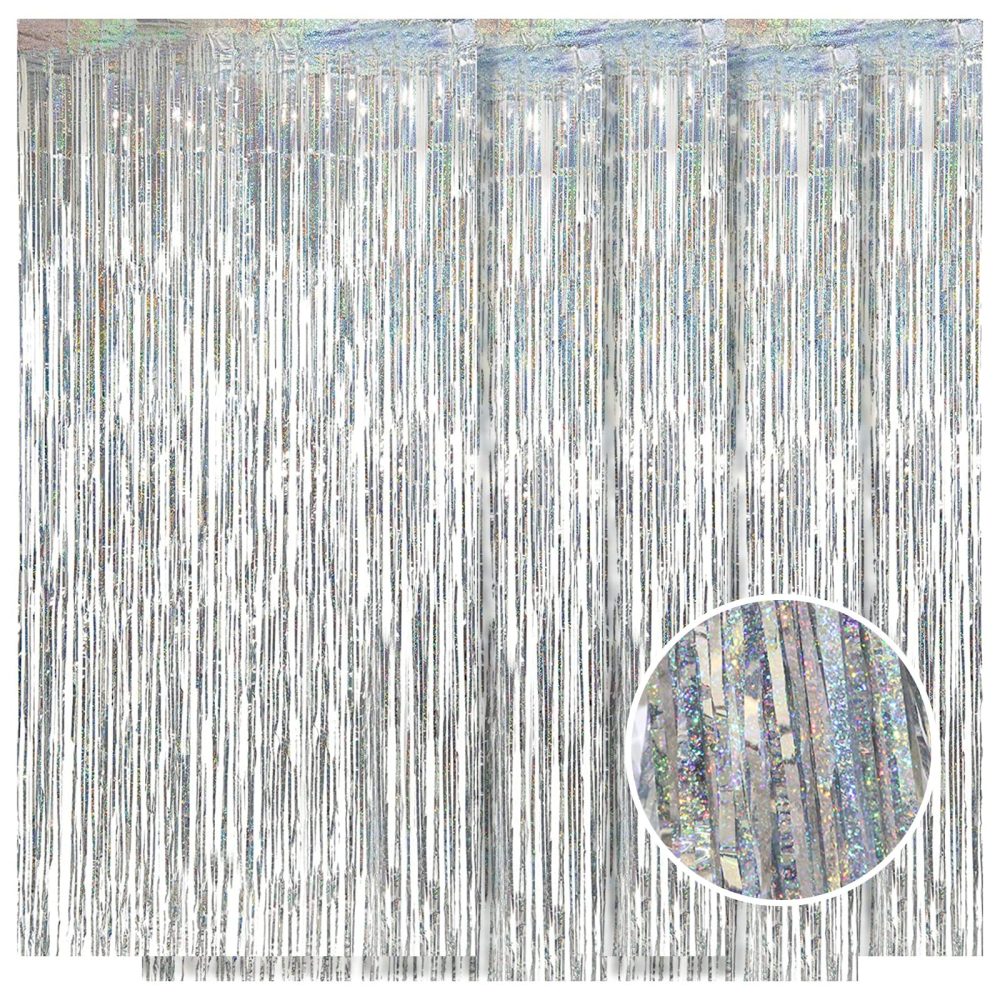 5 Pack Silver Foil Fringe Curtain Backdrop, 3.2ft x 8.2ft Metallic Tinsel Foil Fringe Curtains, Tinsel Backdrop Streamers for Birthday Party Decoration Halloween Christmas Holiday (Sparkle Silver)