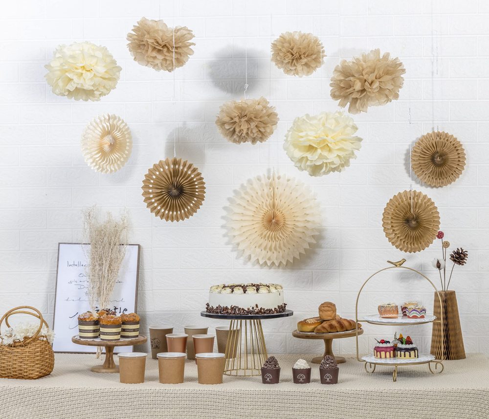 Easy Joy Brown Birthday Party Decorations Rustic Paper Natural Birthday Decorations Hanging Tissue Paper Pom Poms Paper Fans Boho Birthday Decorations for Women - Image 4