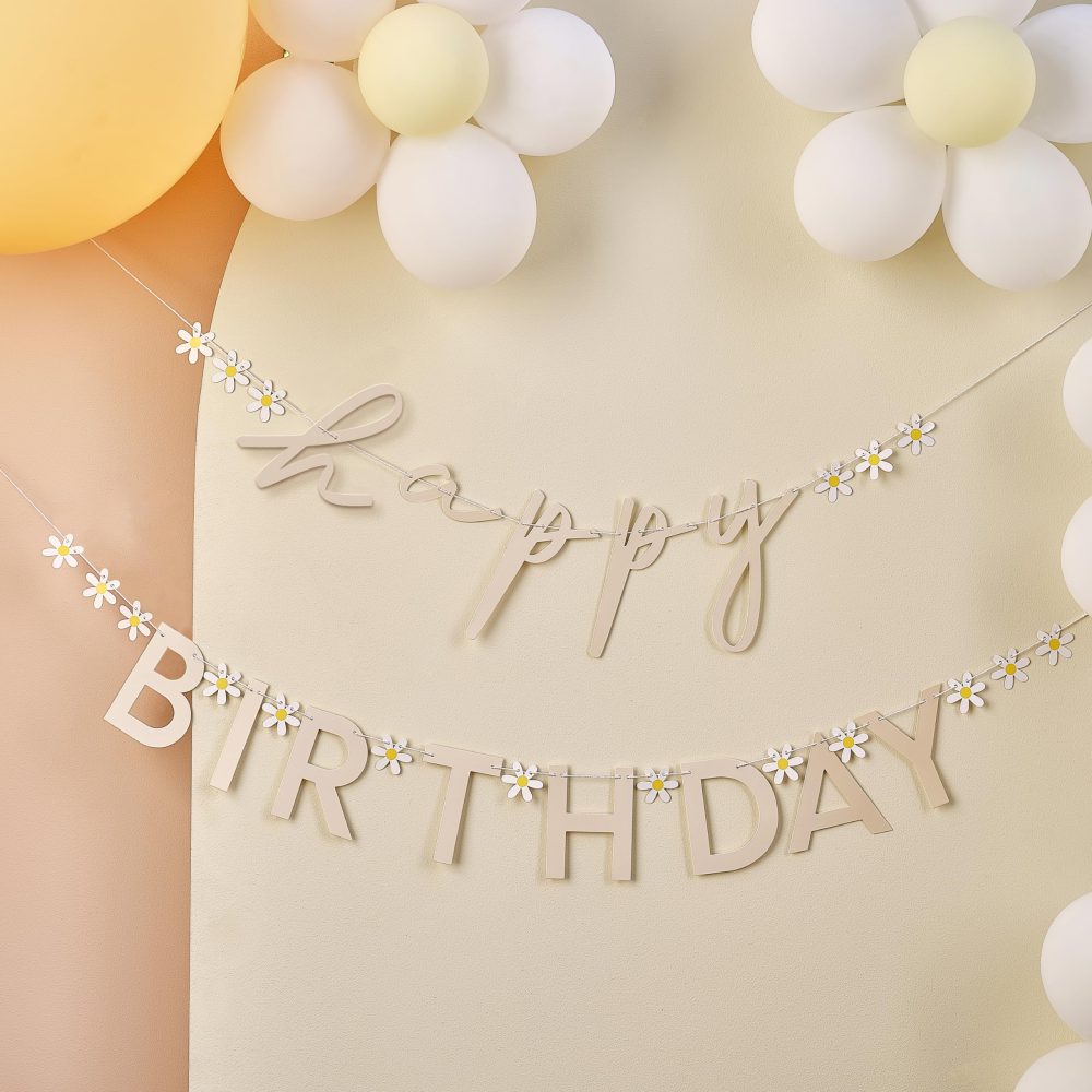 Ginger Ray Daisy Flowers 'Happy Birthday' Letter Banner Bunting Garland Hanging Decoration 1.5m, Pastel