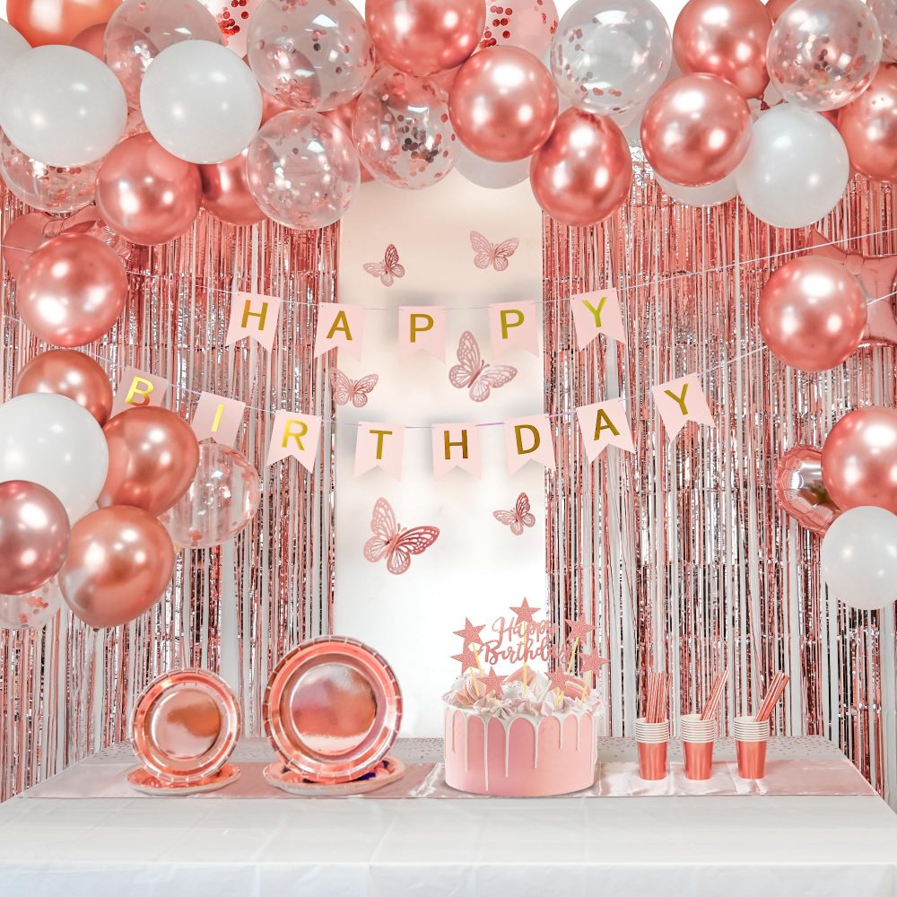 Party Spot! 136 Pcs Birthday Decorations For Women, Rose Gold Party Decorations, Happy Birthday Decorations - Balloon Stand Kit, Tableware Kit,Pump, Banner, Tassel Curtain,Balloon, For 12 Guests - Image 2