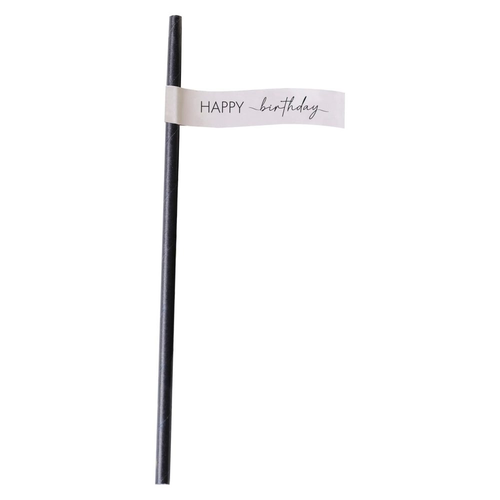 Ginger Ray Happy Birthday Black and Taupe Paper Party Straws Pack of 16