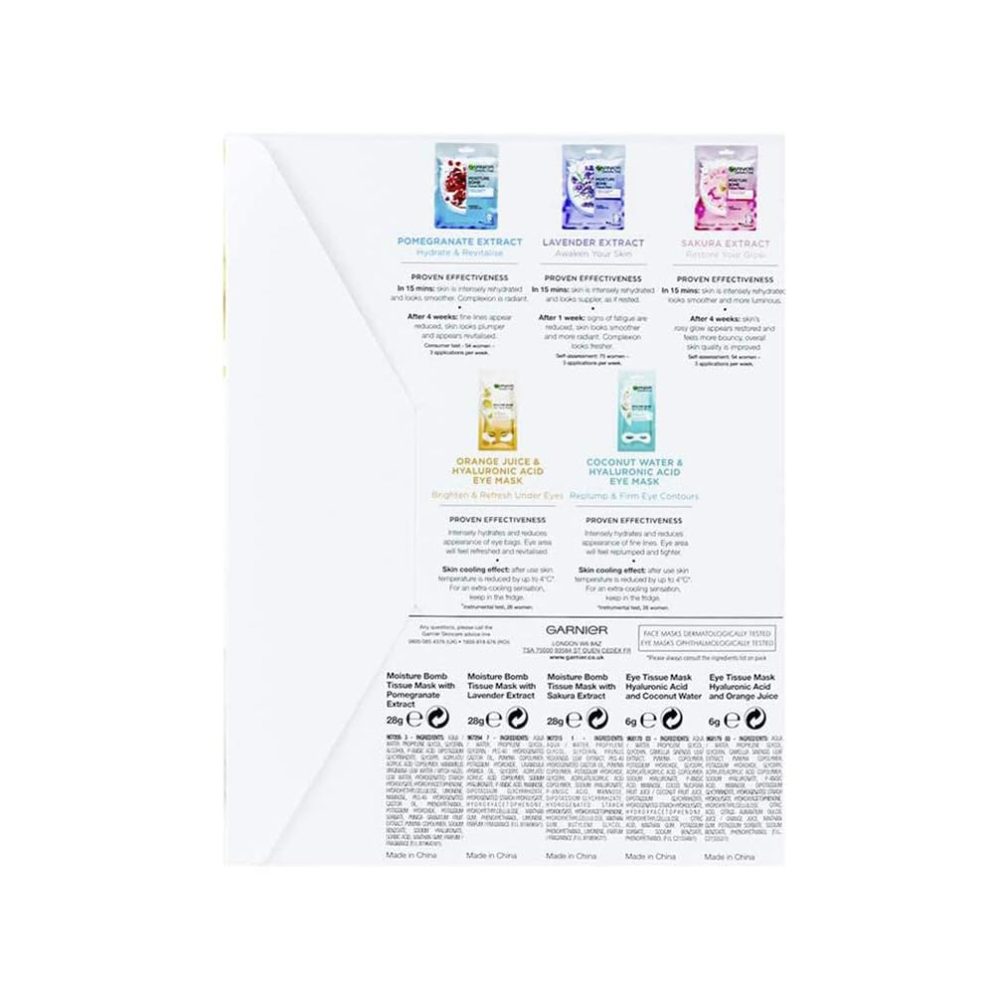 Garnier Sheet Mask Discovery Collection, Face & Eye Sheet Masks for Dehydrated, Dull and Tired Skin, With Hyaluronic Acid and Glycerine, Skin Active, Pack of 5 - Image 3