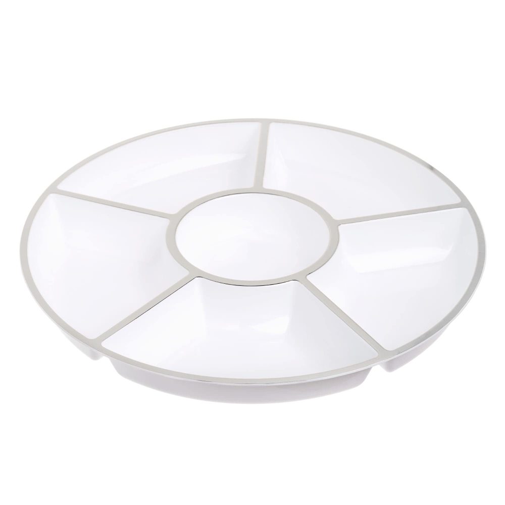 STACKABLES 4 Pack White Compartment Trays with Silver Rim 12'' Serving Platters ~ Reusable Plastic Serving Tray ~ 6 Sectional Platter Catering Trays for Appetizers Salads Snacks & Party Food