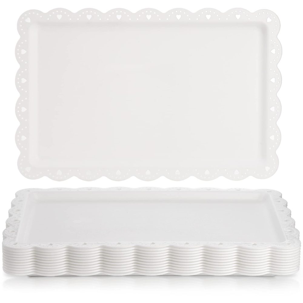 Peohud 12 Pack White Plastic Serving Food Tray, Disposable Serving Platters and Trays with Lace Rim, Rectangle Plastic Trays Serving Platter for Party, Wedding, Fast Food, Restaurant,14.4" x 9.3"