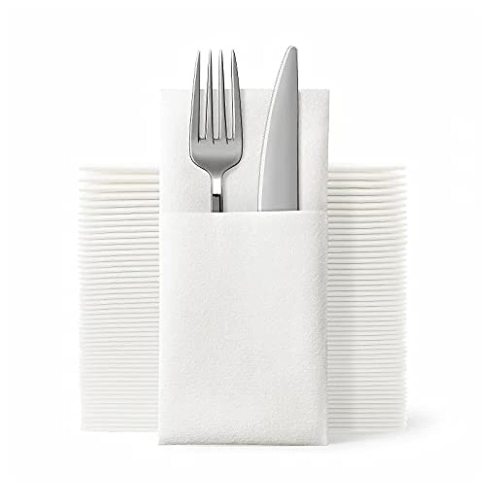 JEBBLAS Disposable Cloth Like Napkins Built-in Flatware Pocket,Wedding Party Linen Feel White Napkin, Prefolded for Silverware,100 Count